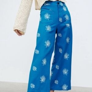 1HR SALE Zara Blue Embroidered Linen Cropped Wide Leg Pants